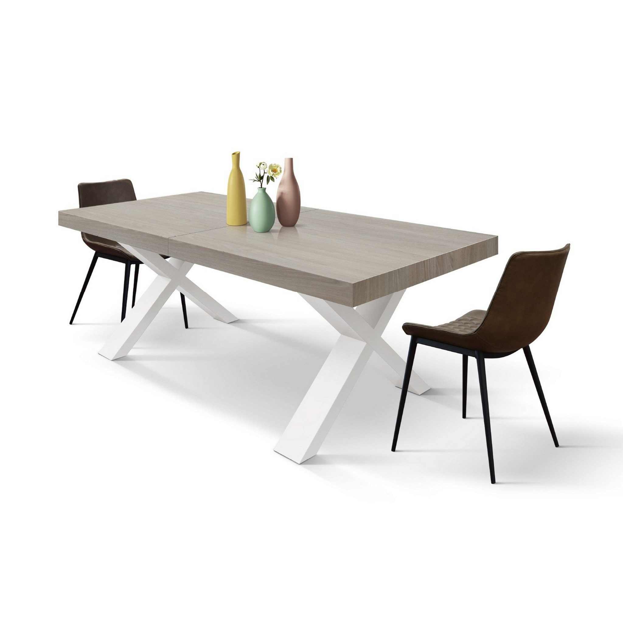 Tavolo allungabile AMALFI in legno effetto olmo perla e gambe a X bianche, allungabile 160x90 cm - 240x90 cm