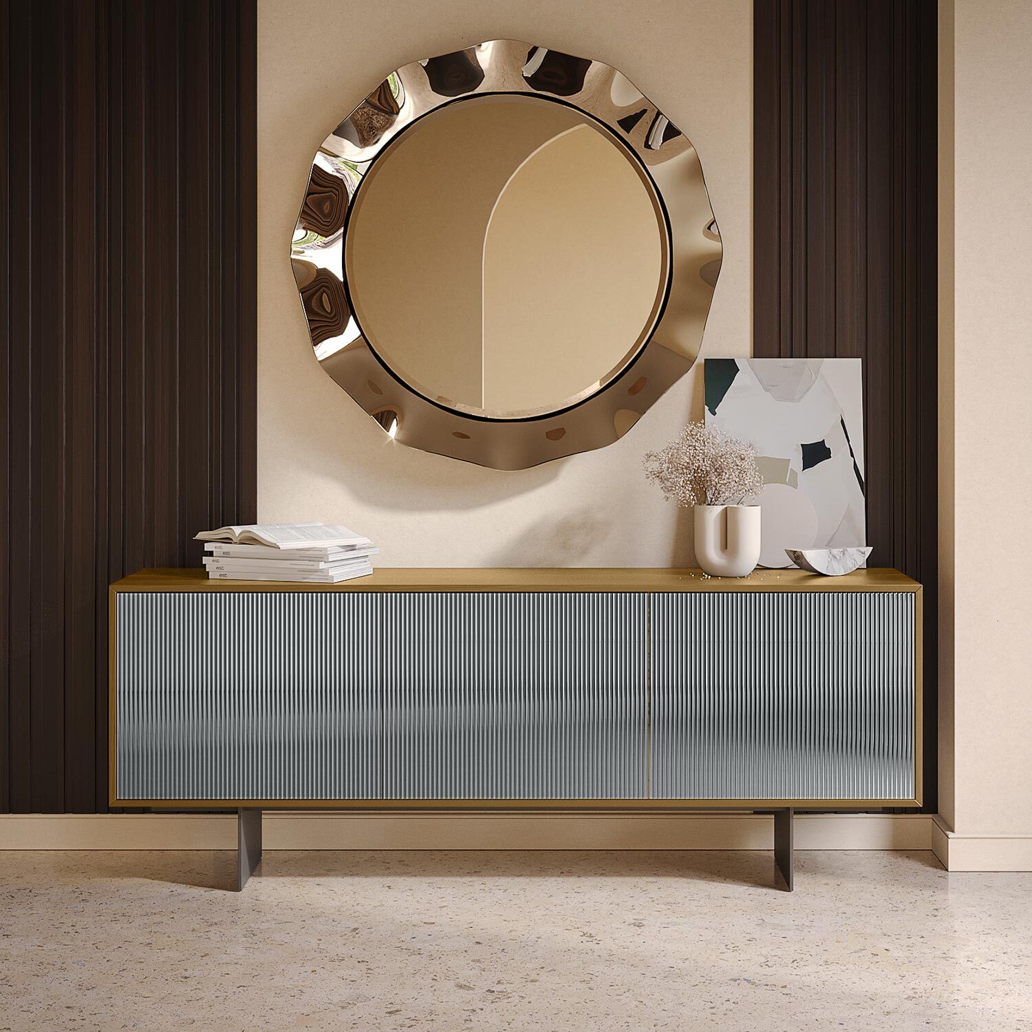 MADIA VESIRA CANNETE 3 ANTE - STRUTTURA ROVERE NATURALE, GRIGIO CARBONE, ANTA SPECCHIO FUME