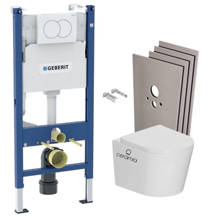Pack WC bâti-support Duofix 112cm + WC sans bride Ceramia + abattant SoftClose + Set habillage + plaque blanche (CETORGEB3SBVP)