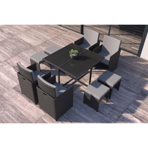 Table et chaises 8 places en résine tressée noir et gris LOUISIANE