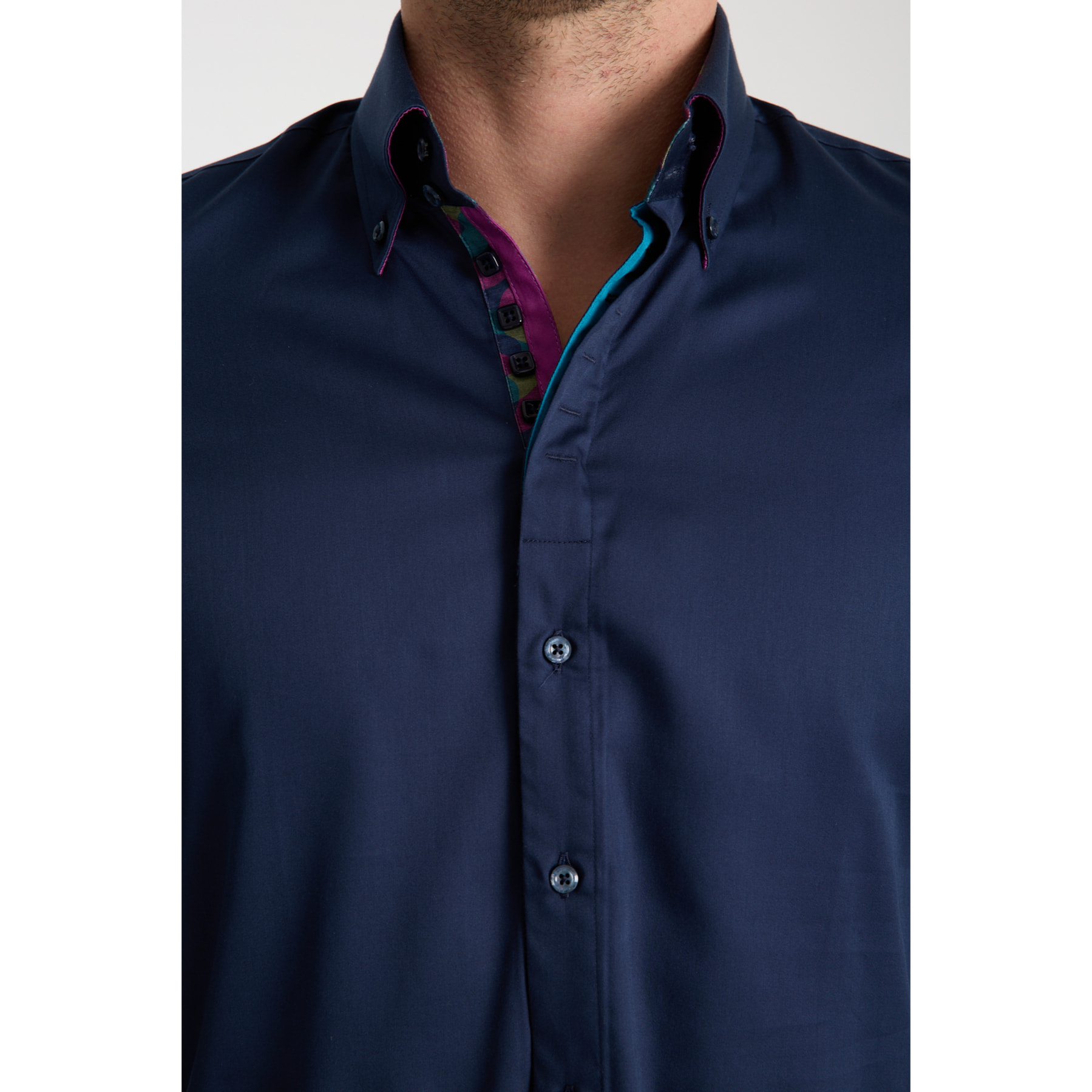 Camicia Uomo 2 Bottoni Button Down Slim Satin Unito Blu