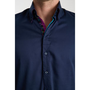 Camicia Uomo 2 Bottoni Button Down Slim Satin Unito Blu