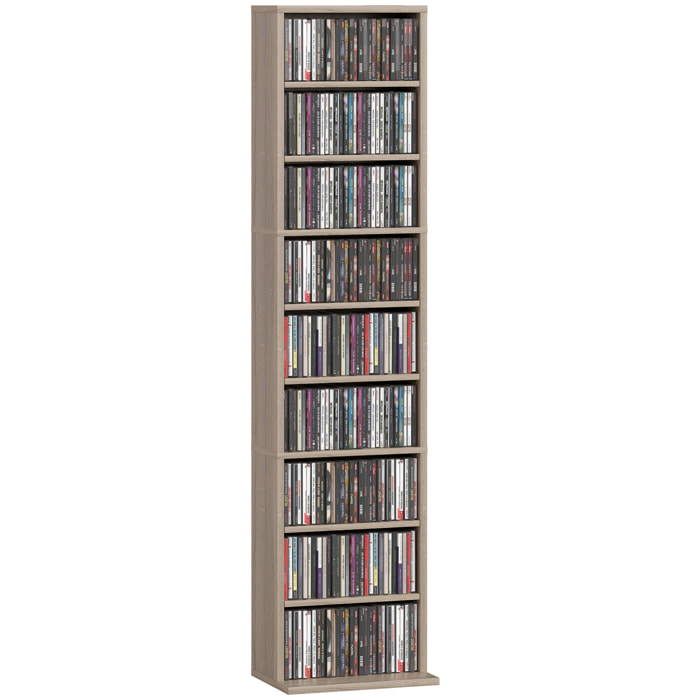 Estantería para CDs y DVDs Soportes para CD Estrechos con 9 Compartimentos Estantes Ajustables para Salón Oficina 33x24x140 cm Madera Natural