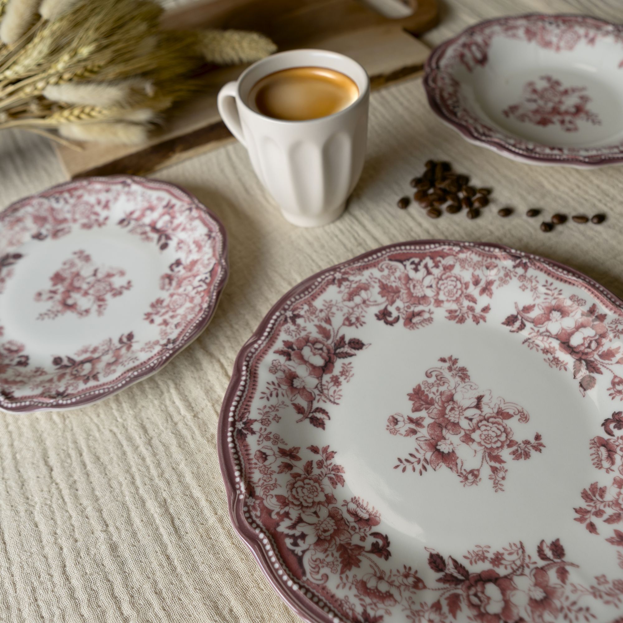 Lot de 6 assiettes plates fleuries en grès rose 26cm FAUSTINE