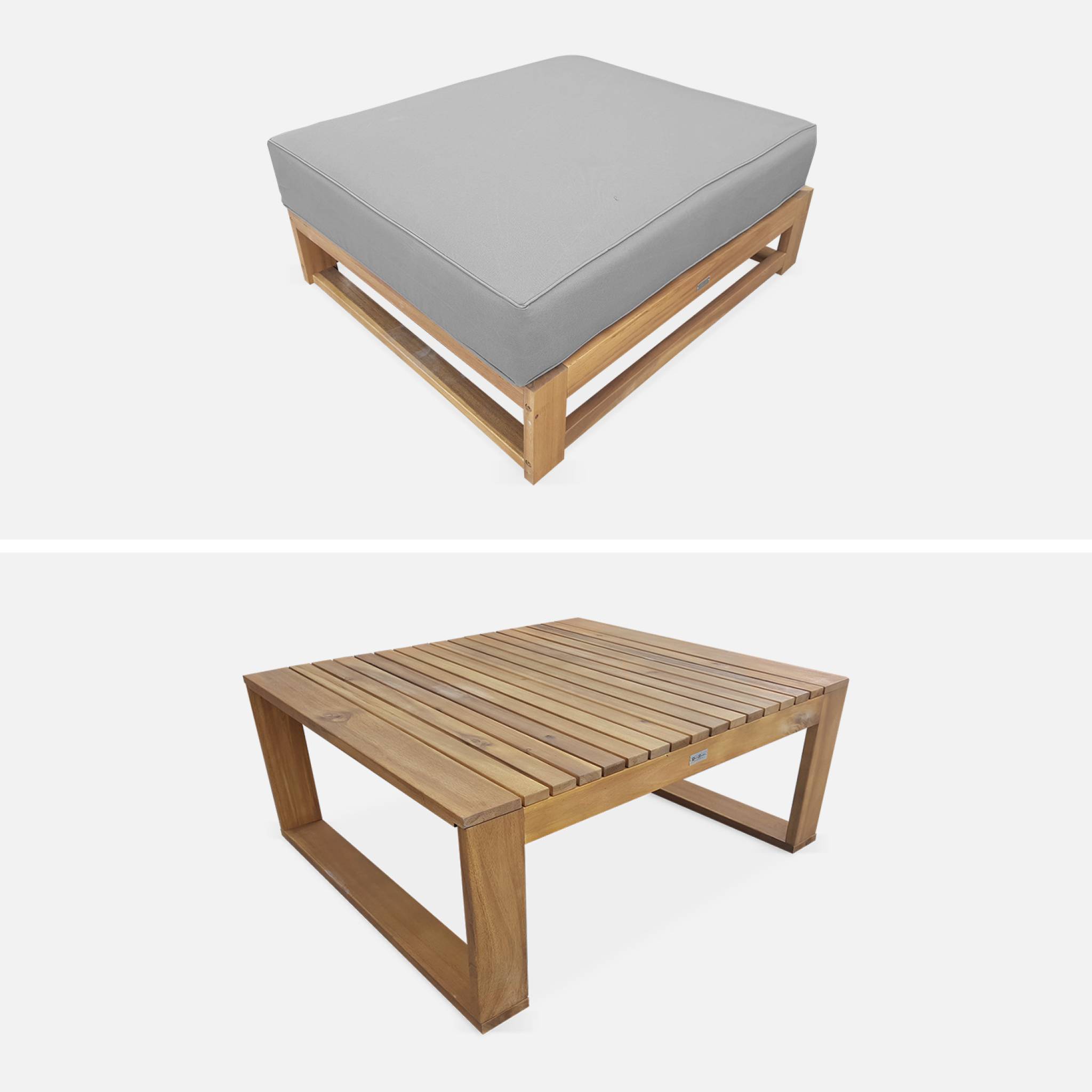 Salon de jardin en bois 5 places - Mendoza - Coussins gris. canapé. fauteuils et table basse en acacia. 6 éléments modulables. design