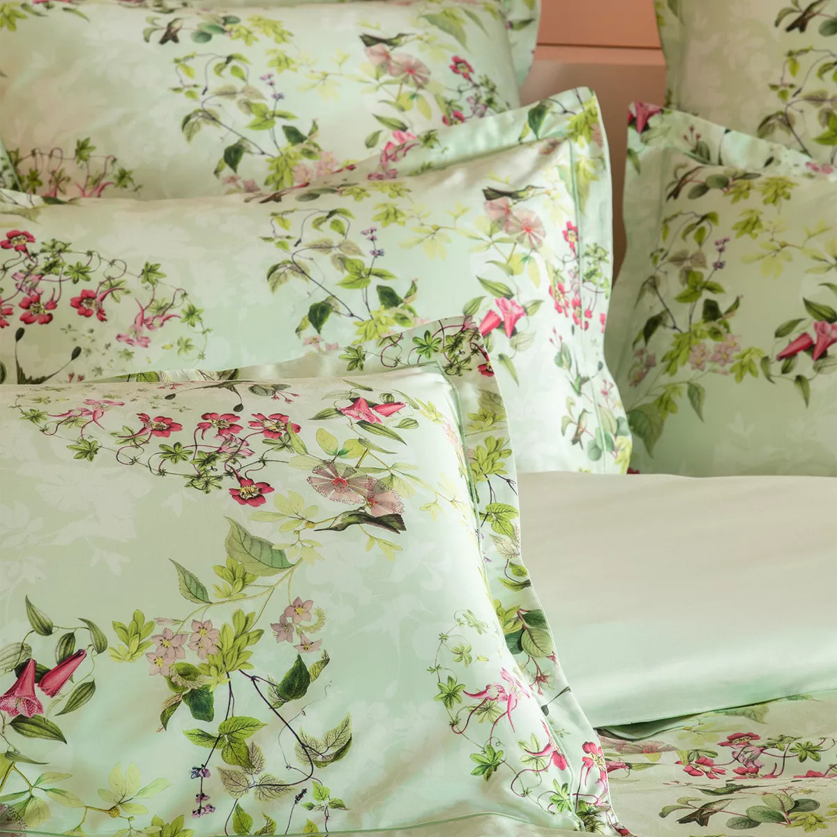 Housse de couette satin de coton imprimé multicolore vert Foliage vert d'eau