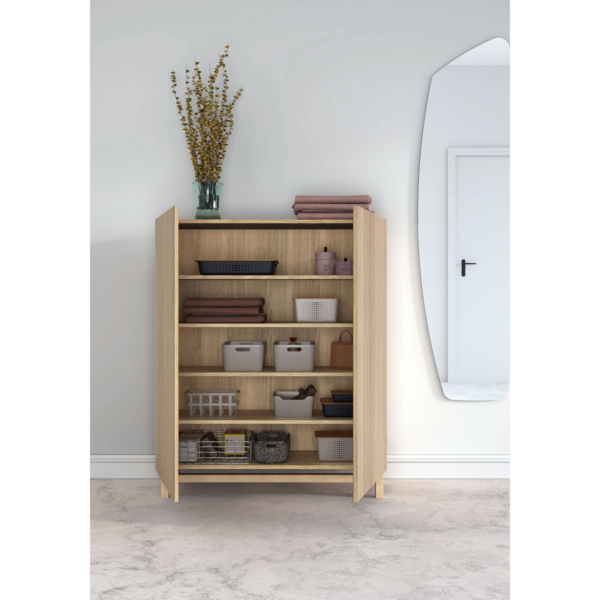 Zapatero Lofoten melamina roble dorado puertas impresión vallado 112x90x27cm