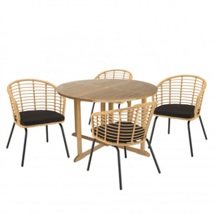 MALO - SALON DE JARDIN 4 PERS. - 1 Table ronde 120x120cm et 4 fauteuils beiges et noirs