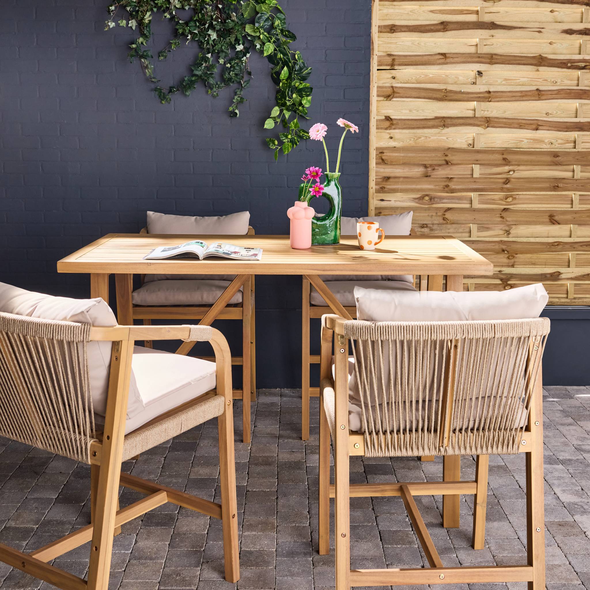 Table haute de jardin bois d'acacia + 4 assises Paloma et Zahara naturel 150 x 81 x 100 cm