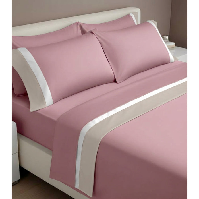 Completo IPERSAN doppia balza RASO 2 Piazze Bordo RASO Panna/Bianco fondo Malva