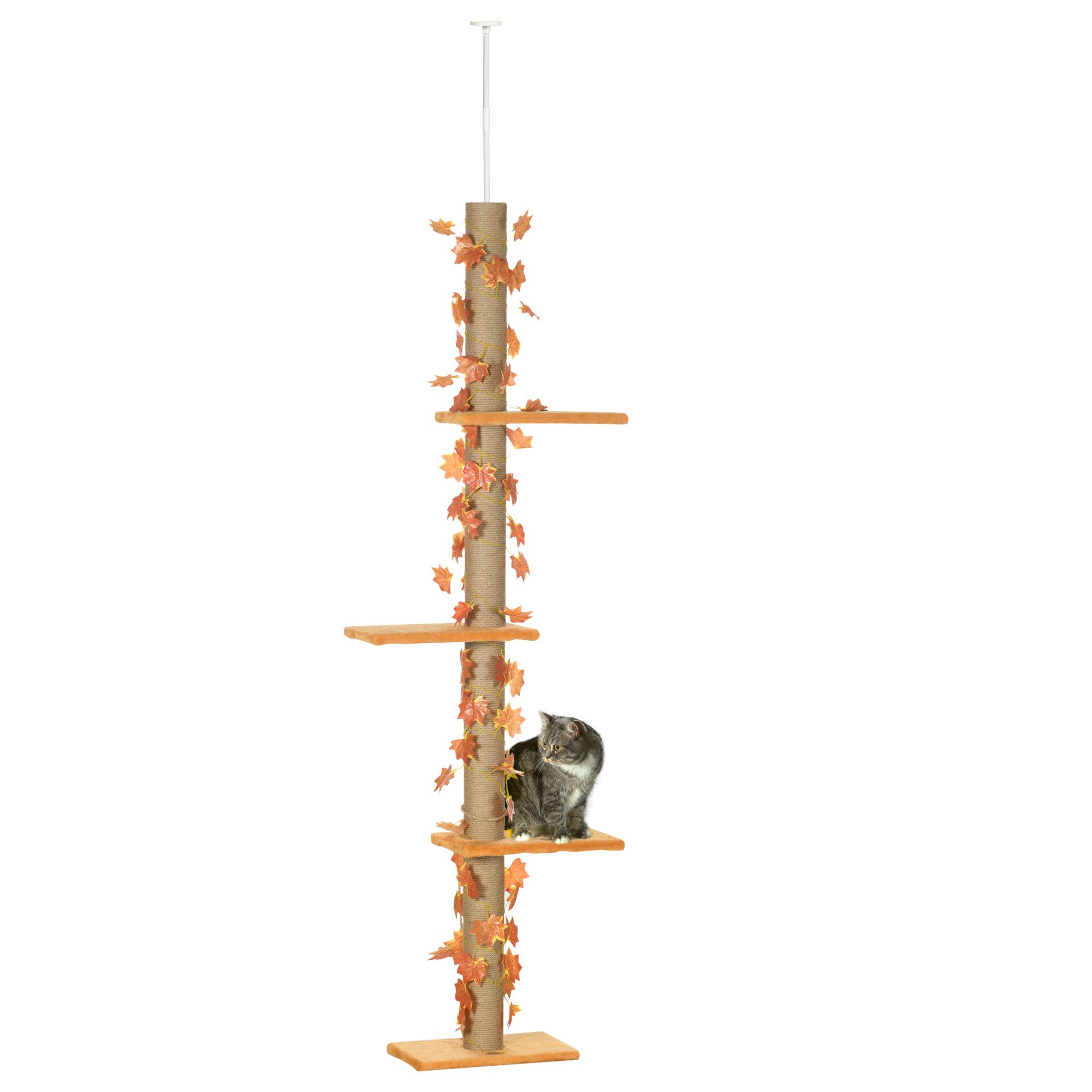 Pawhut Árbol para Gatos de Suelo a Techo de 202-242 cm Torre para Gatos con 3 Plataformas Postes Rascadores Altura Ajustable y Decoración de Hoja de Arce Naranja