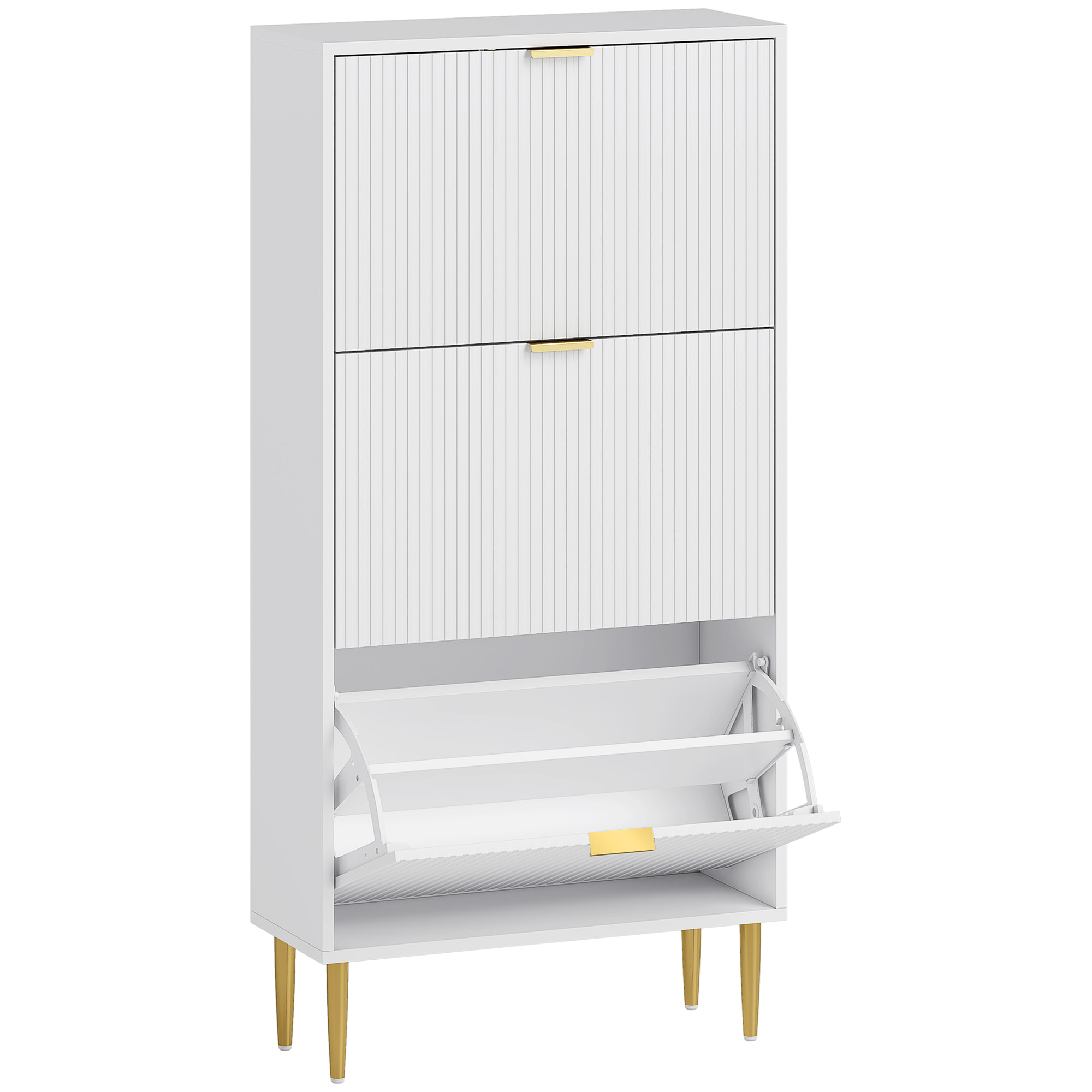 Meuble à chaussures style Art déco 3 portes piètement poignées métal doré 60 x 24 x 128 cm blanc