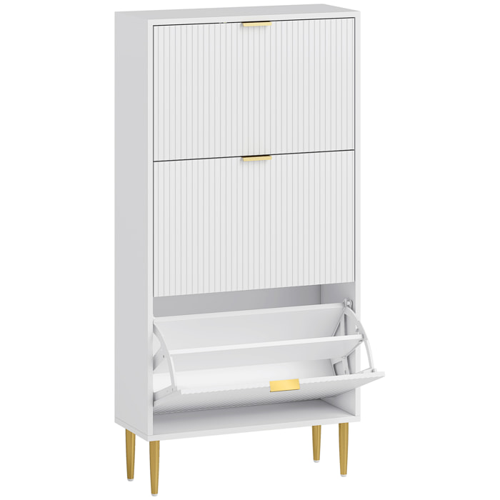 Meuble à chaussures style Art déco 3 portes piètement poignées métal doré 60 x 24 x 128 cm blanc