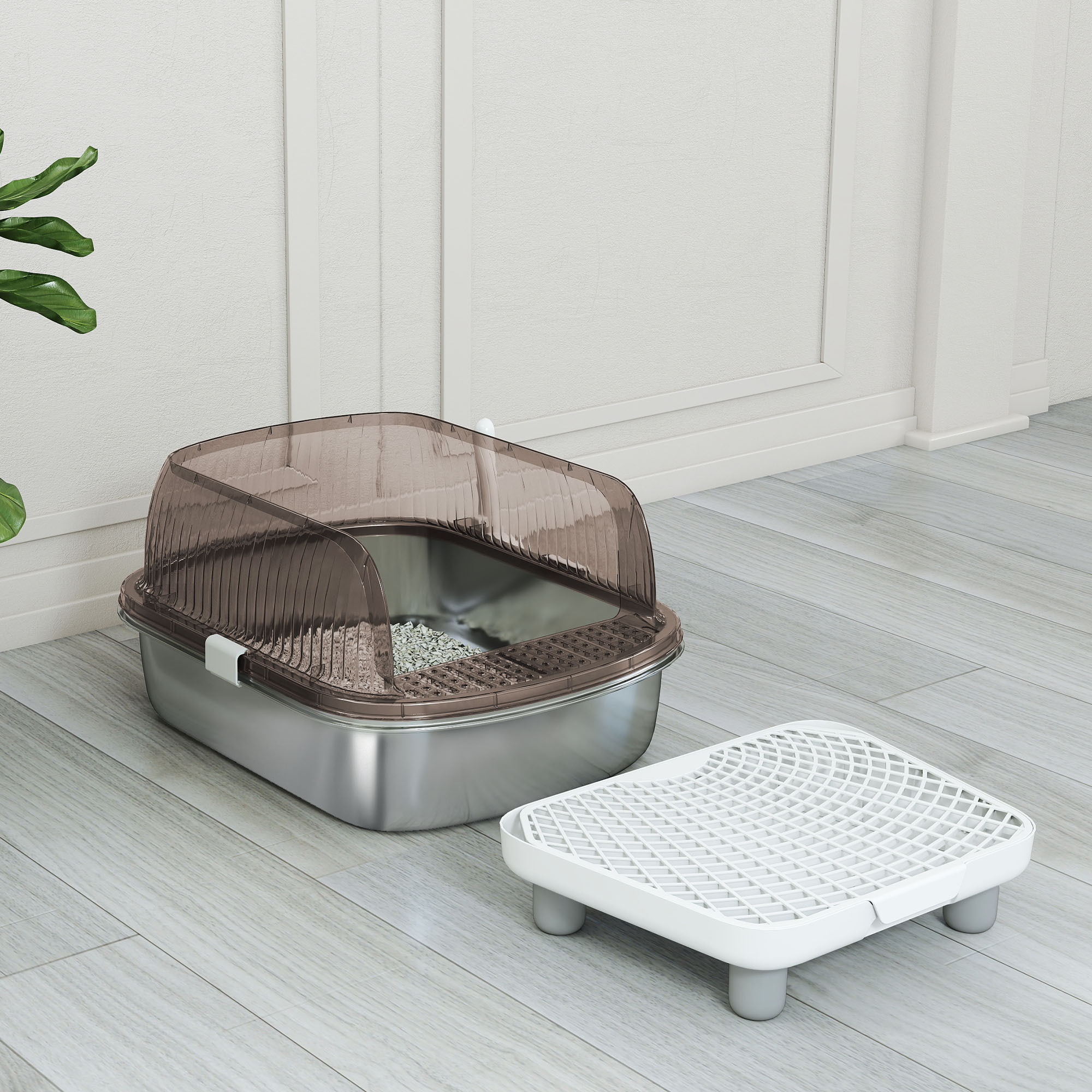 Arenero para Gatos Cubierto Extragrande Caja de Arena Cerrado con Bandeja de Acero Inoxidable Bordes Altos Pala Peldaño Zona para Caída de Arena sin Olor Fácil Limpieza para Gatos Grandes Gris