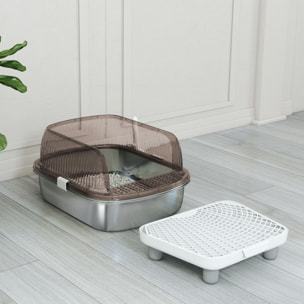 Arenero para Gatos Cubierto Extragrande Caja de Arena Cerrado con Bandeja de Acero Inoxidable Bordes Altos Pala Peldaño Zona para Caída de Arena sin Olor Fácil Limpieza para Gatos Grandes Gris