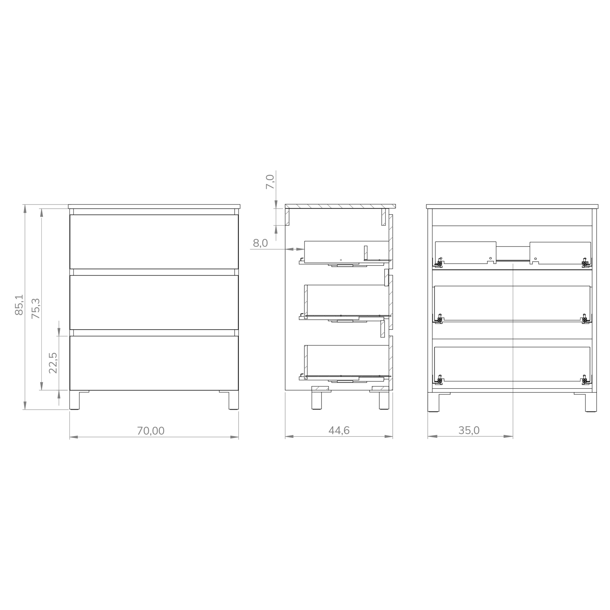 Conjunto de baño Wink | 70 cm Nebraska | Tres cajones | Lavabo encastrado | No incluye espejo | Mueble montado | Alday