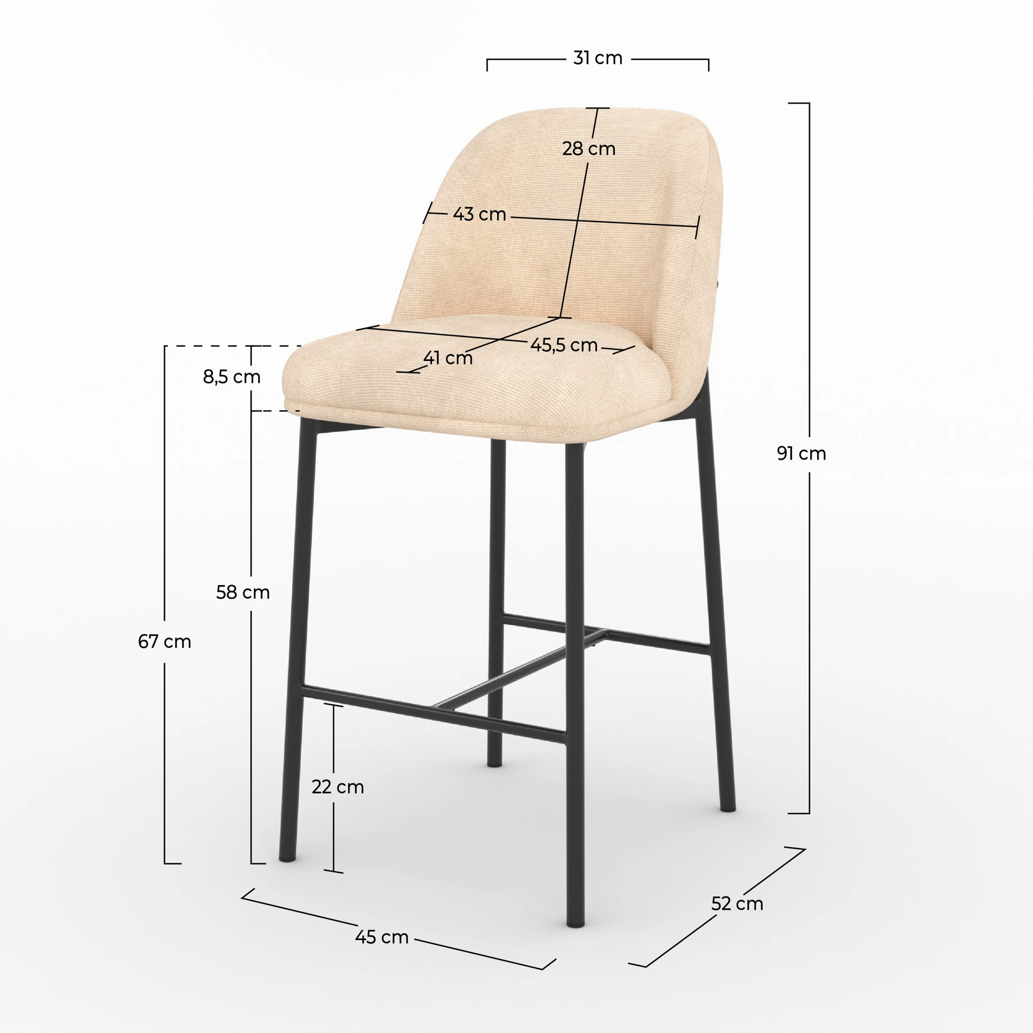 Lot de 2 chaises pour îlot central 67 cm en tissu beige - Noah