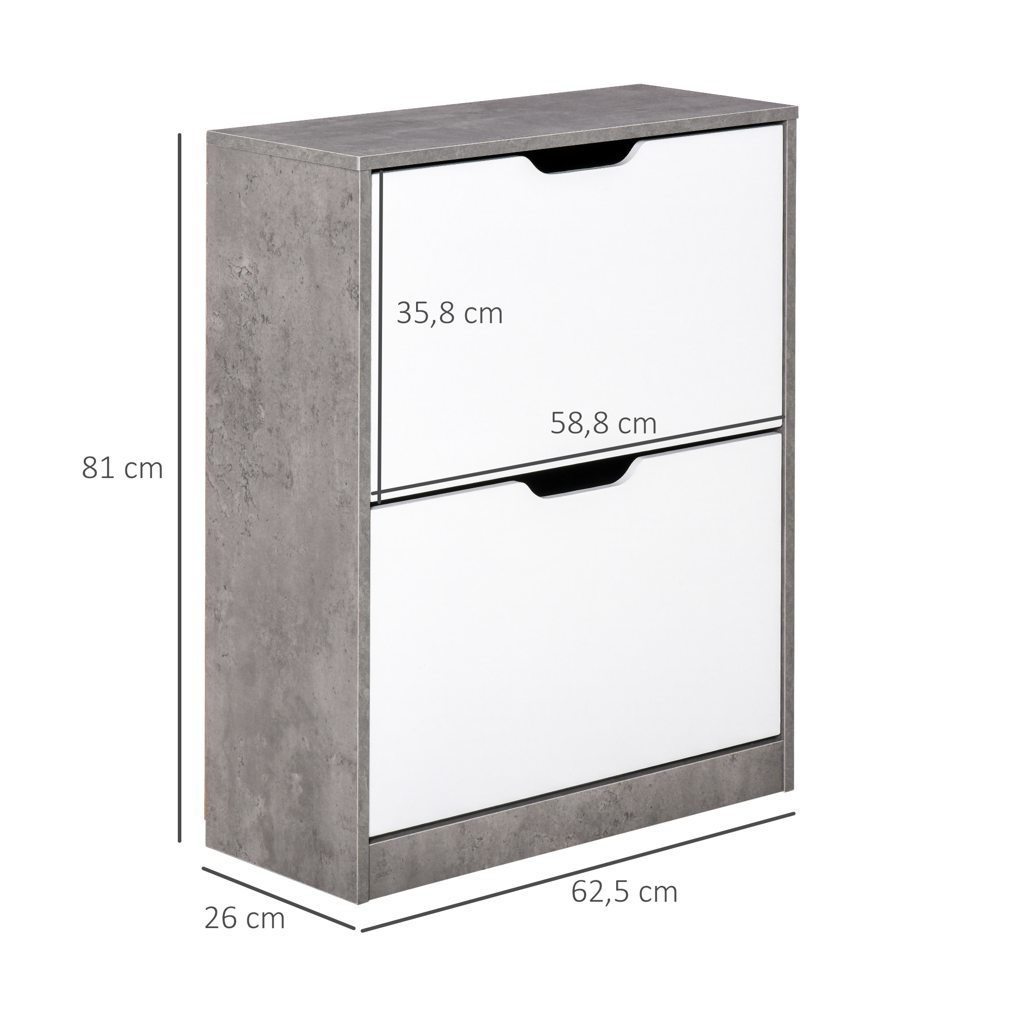 Armoire à chaussures meuble à chaussures dim. 62L x 26l x 81H cm 2 portes abattantes blanc effet béton ciré