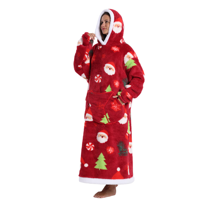 Bata estilo sudadera y manta de felpa extrasuave. Triple bolsillo frontal tipo canguro. Diseño navideño tipo largo.