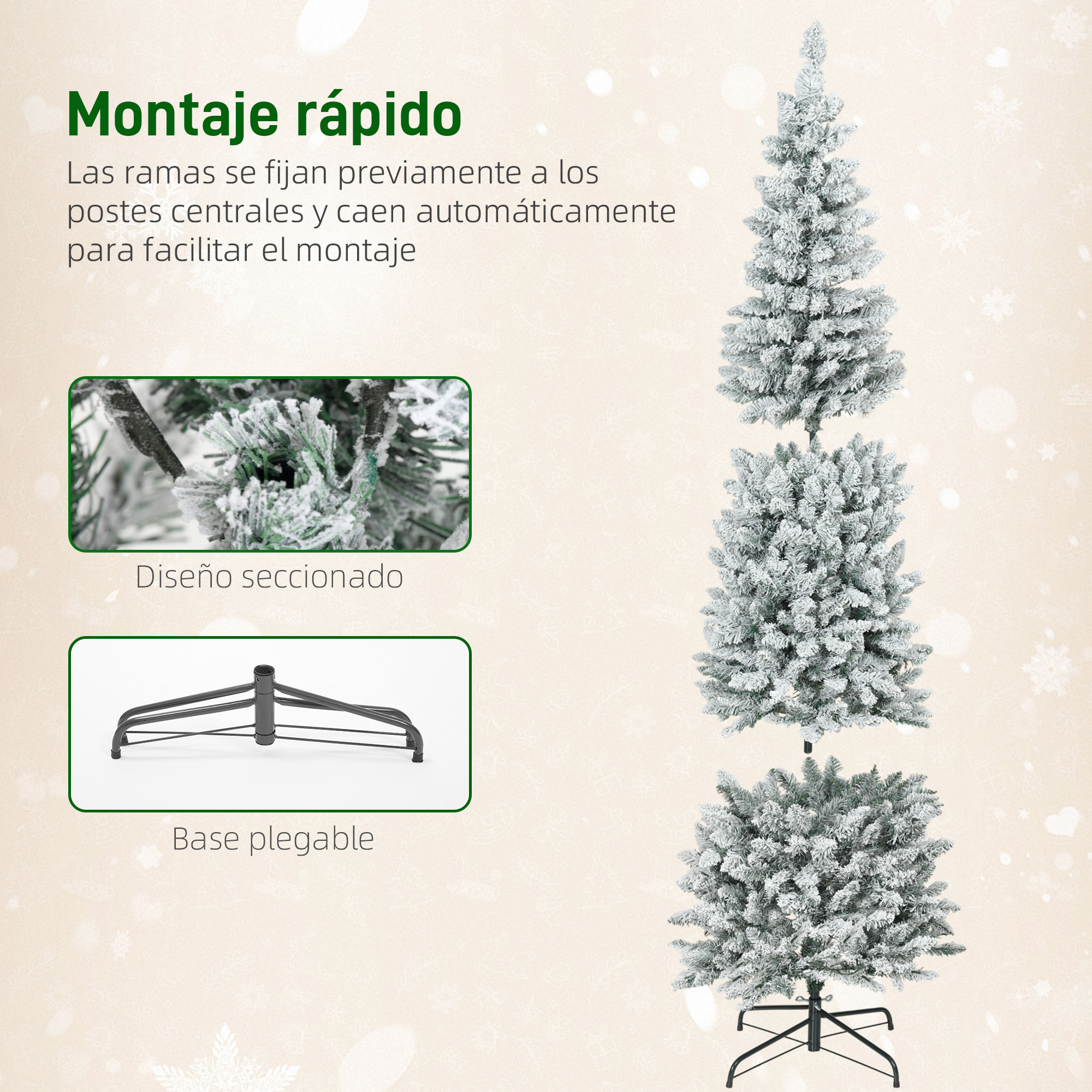 Árbol de Navidad Estrecho 210 cm, Árbol de Navidad Nevado con Luces LED Bicolores, 11 Modos de Iluminación, 687 Ramas, Soporte Metálico, Fácil de Montar, Verde