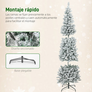 Árbol de Navidad Estrecho 210 cm, Árbol de Navidad Nevado con Luces LED Bicolores, 11 Modos de Iluminación, 687 Ramas, Soporte Metálico, Fácil de Montar, Verde