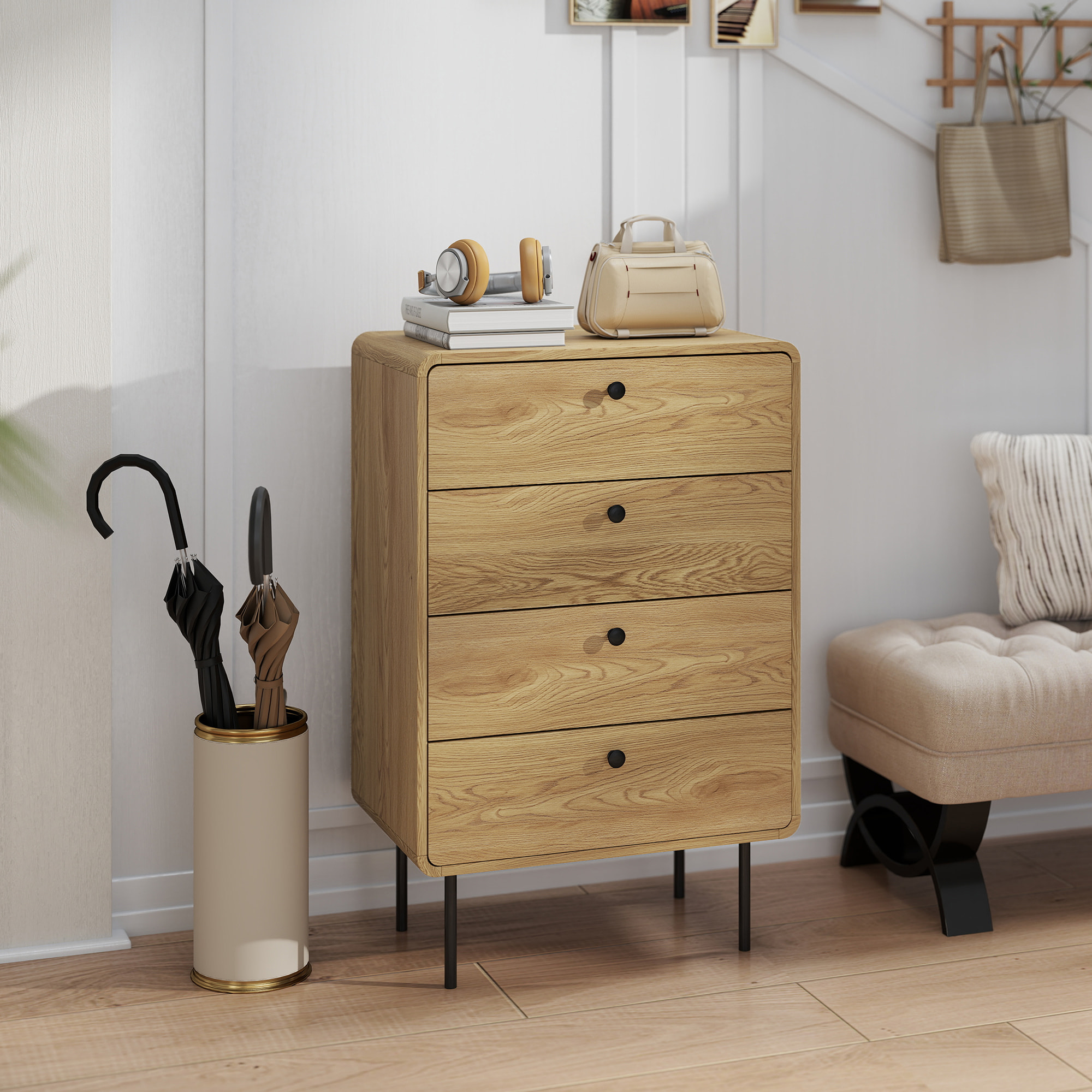 Commode 4 tiroirs style vintage effet bois coins biseautés piètement métal poignées bouton noir