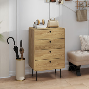 Commode 4 tiroirs style vintage effet bois coins biseautés piètement métal poignées bouton noir