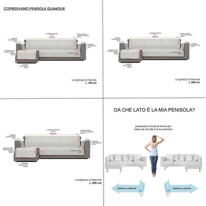 Copridivano antiscivolo penisola DESTRA Comfort, Made in Italy, 290 cm,  Marrone