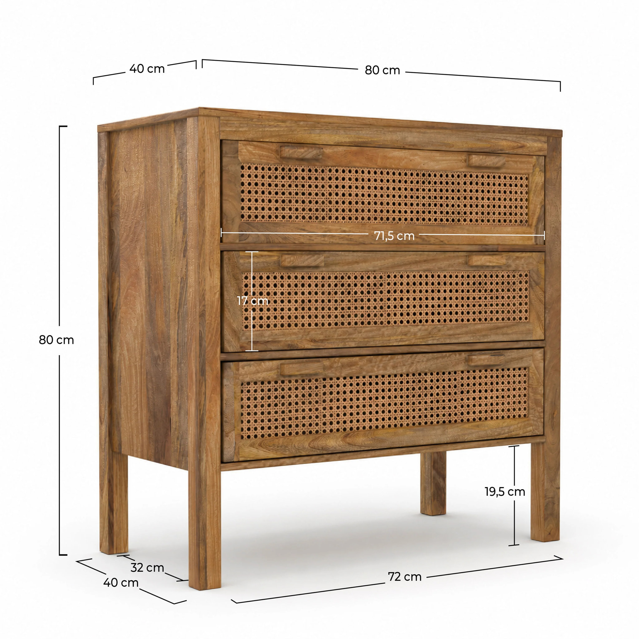 Commode en bois de manguier et cannage 3 tiroirs - Tiki