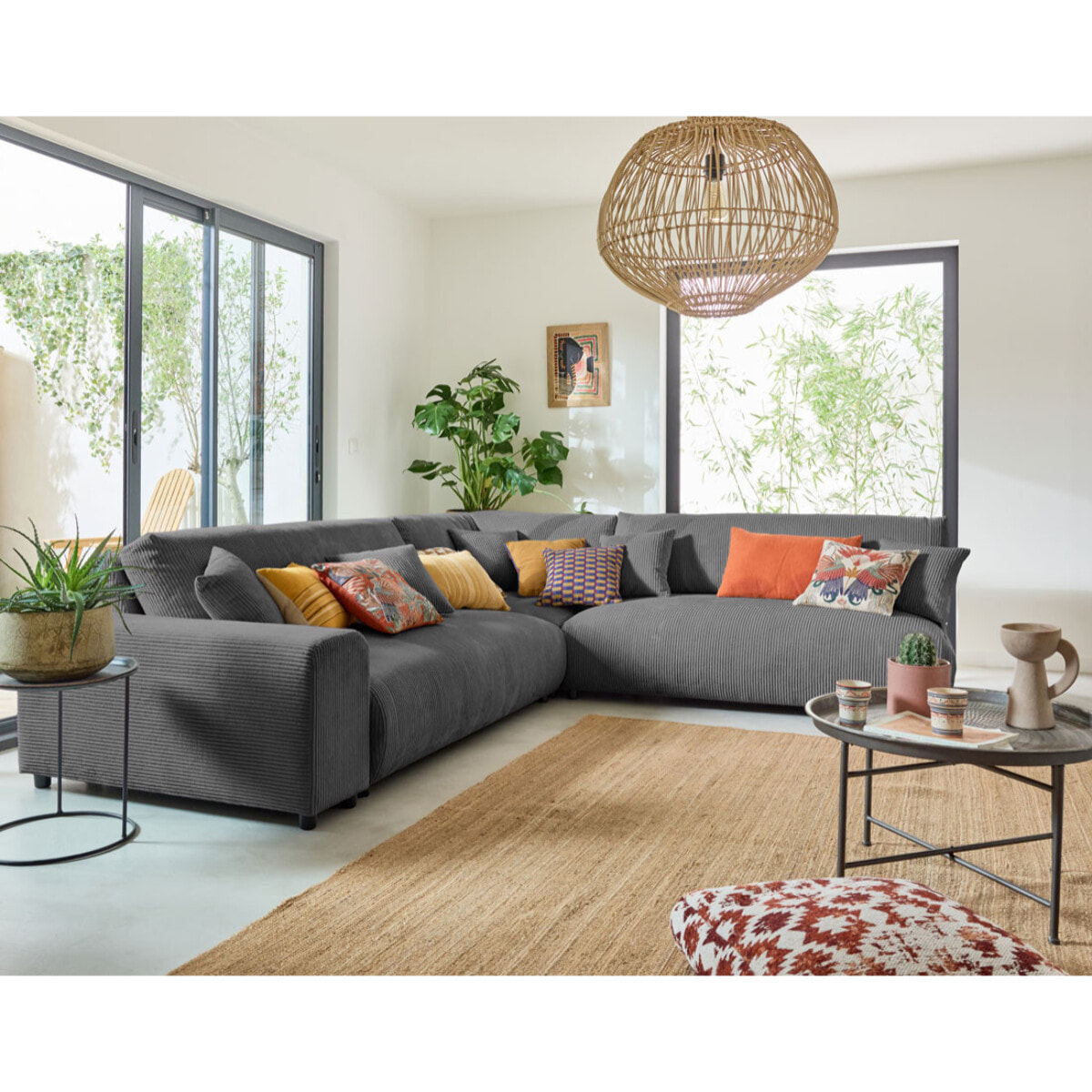Garance - canapé modulable d'angle droit - 6 places - en velours côtelé - Gris foncé