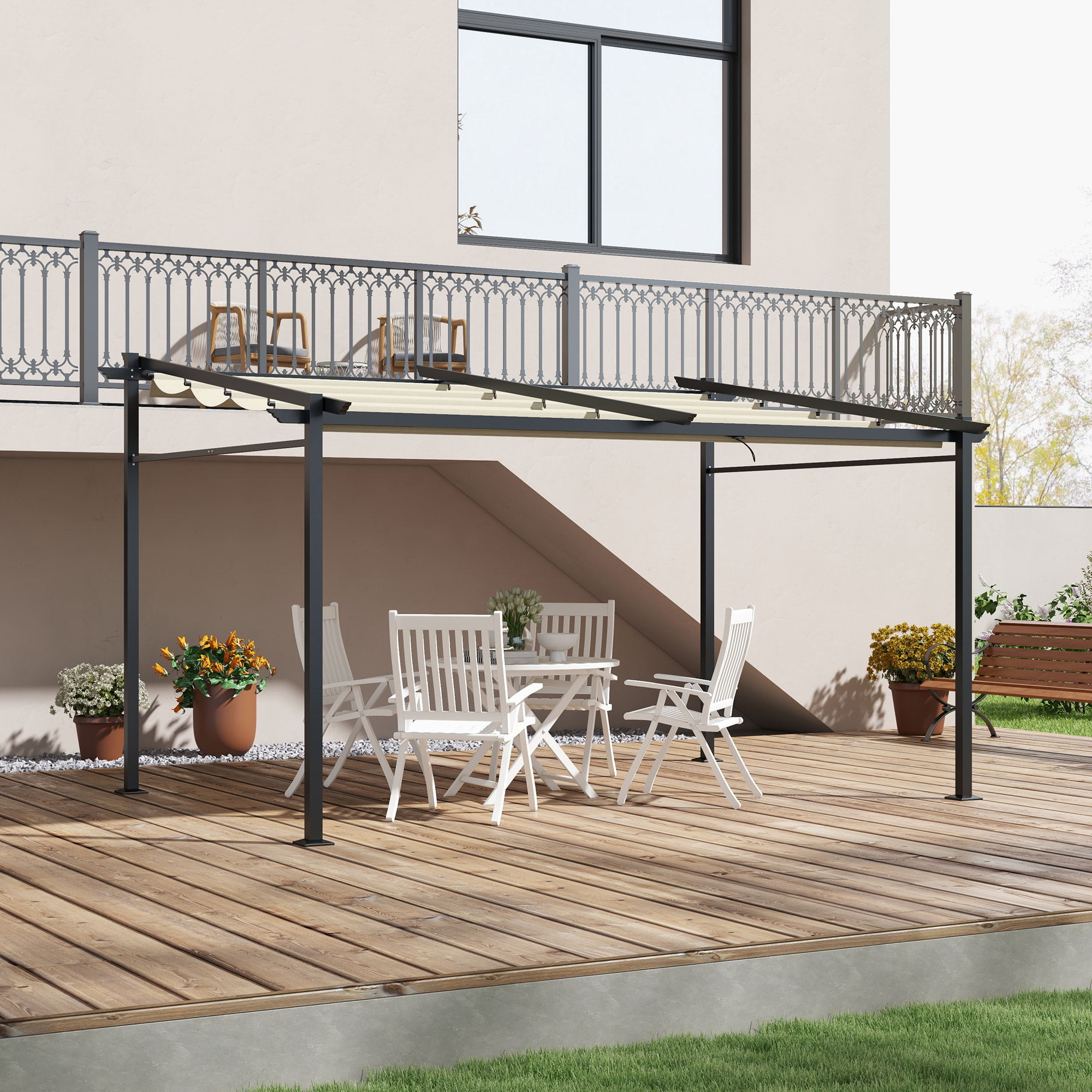 Pergola rétractable 3,97L x 2,95l x 2,3H m structure alu. acier époxy polyester beige