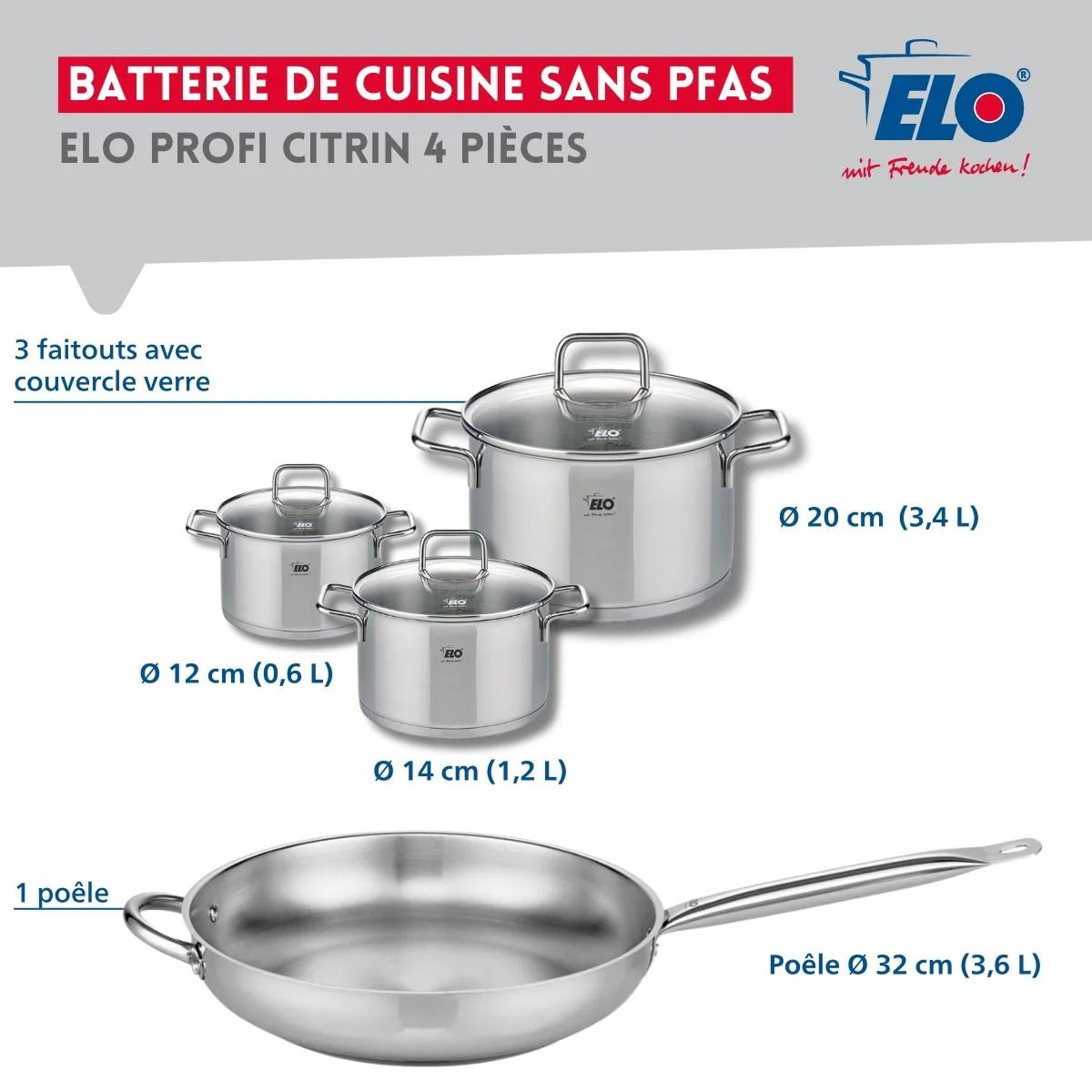Set de 1 Poêle de cuisson 32 cm et 3 faitouts 12, 14 et 20 cm Elo Profi Citrin