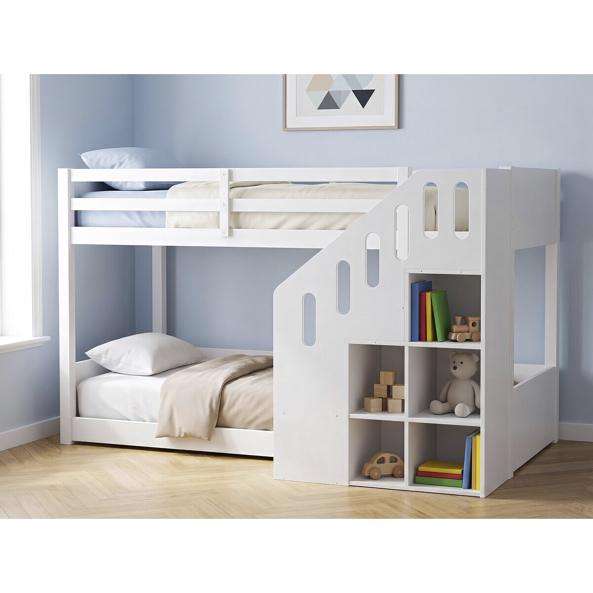 Lit superposé en bois avec escalier et rangements "Léana" - 90 x 190 cm - Blanc