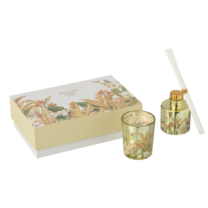 J-Line bougie parfumée + bâtonnets parfumés Walk In The Woods - Bergamot Fig - verre - jaune - set cadeau