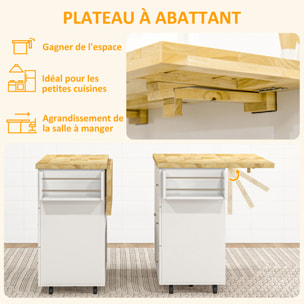 Desserte de cuisine multi rangement 3 tiroirs 2 portes avec étagère rack épices porte-torchons plateau rallonge hévéa MDF blanc