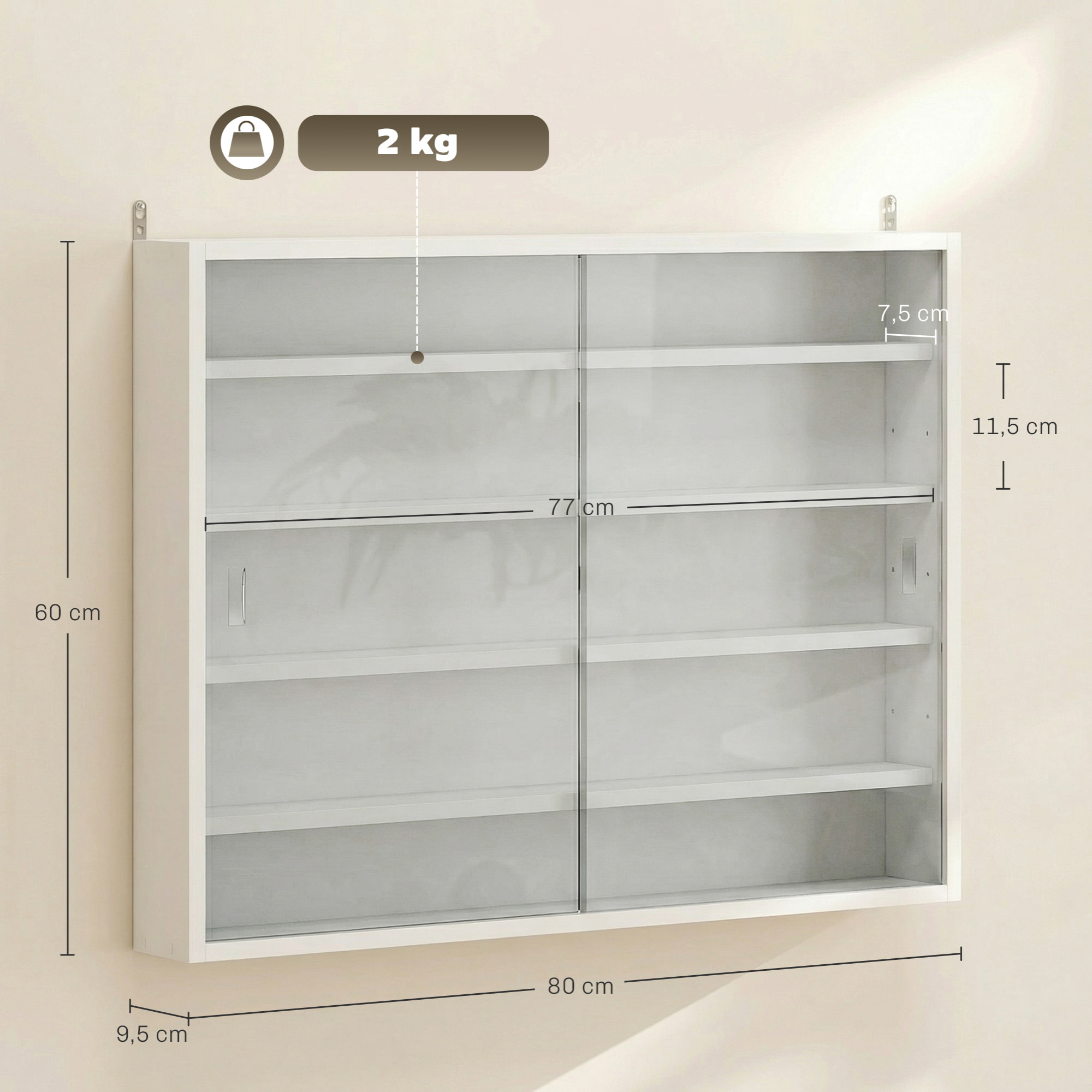 Vitrina Expositora para Colecciones de 5 Niveles, Vitrina de Pared, con Estantes Ajustables y 2 Puertas Correderas de Vidrio, para Perfumes, Figuras de Decoración, 80x9,5x60 cm, Blanco