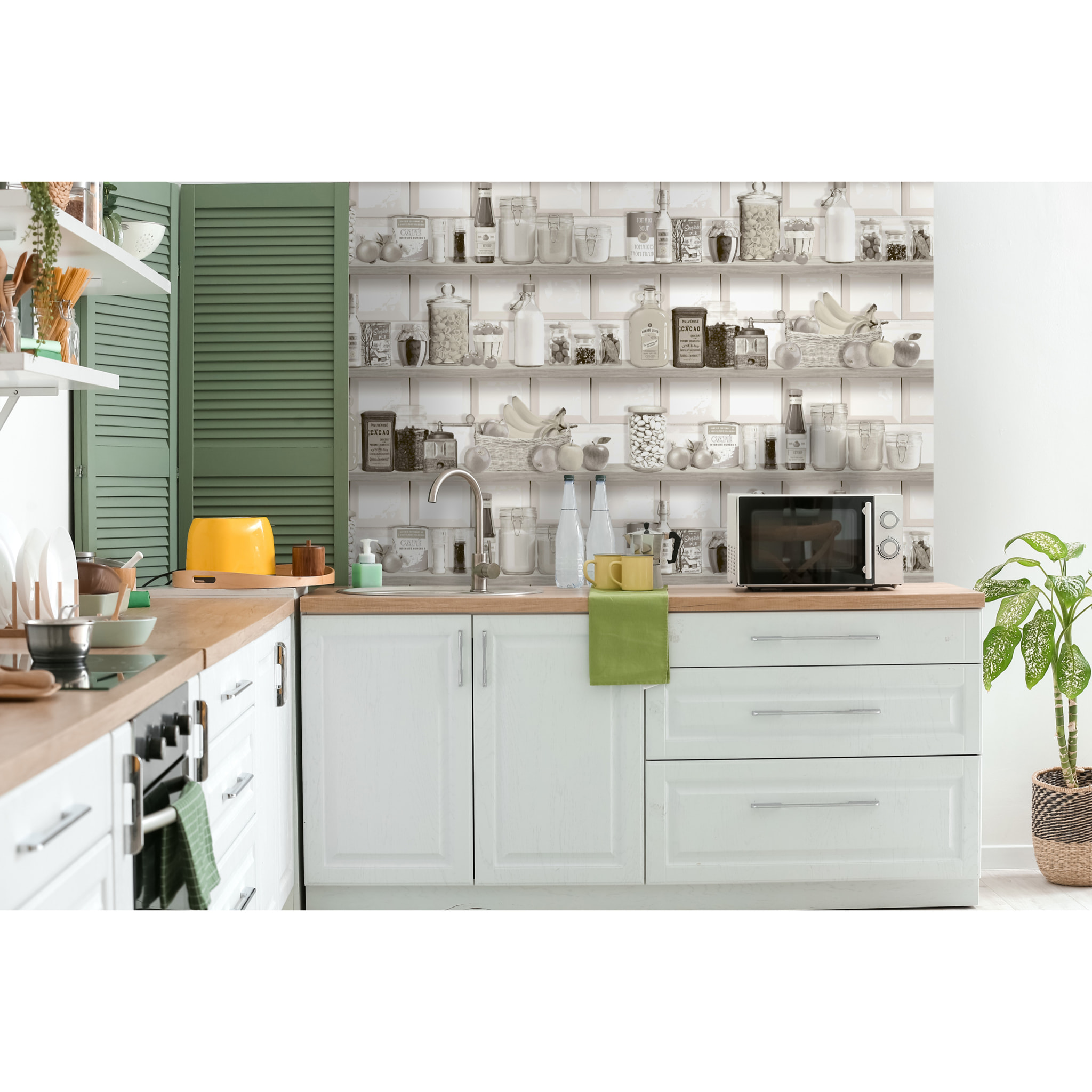 Papier peint étagère cuisine vintage sépia blanc