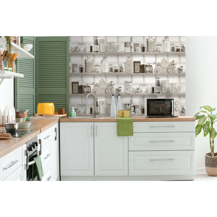 Papier peint étagère cuisine vintage sépia blanc