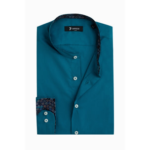 Camicia Uomo Coreano Slim Popeline Stretch Unito Verde Ottanio