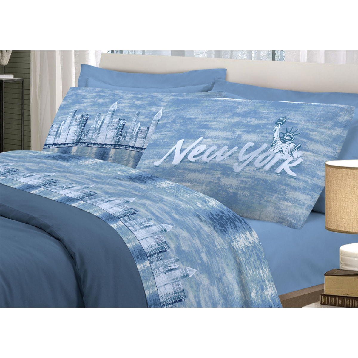 Completo Lenzuola 100% Cotone New York Blu