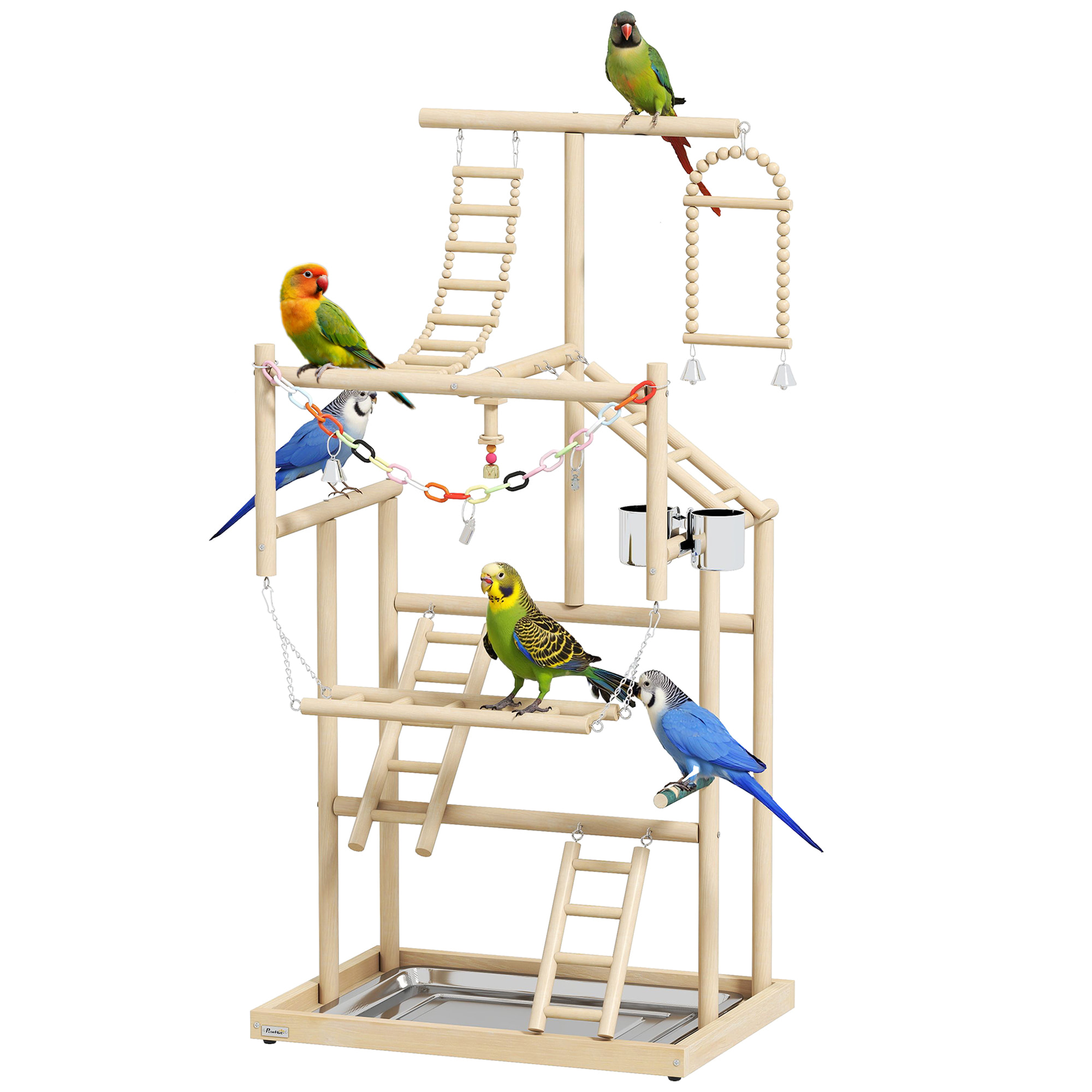 Parque de Juegos para Pájaros, Soporte de Madera para Pájaros con Escaleras, Columpio, Juguete de Cadena, Bandeja, Comederos, para Periquitos, Cacatúas, Cotorras, Agapornis, 48x38x95 cm
