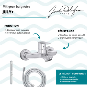 Mitigeur baignoire July+ + pommeau de douche Shift+ carré + flexible de douche lisse