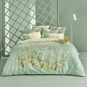 Housse de couette satin de coton imprimé bleu Mimosas d'ete turquoise