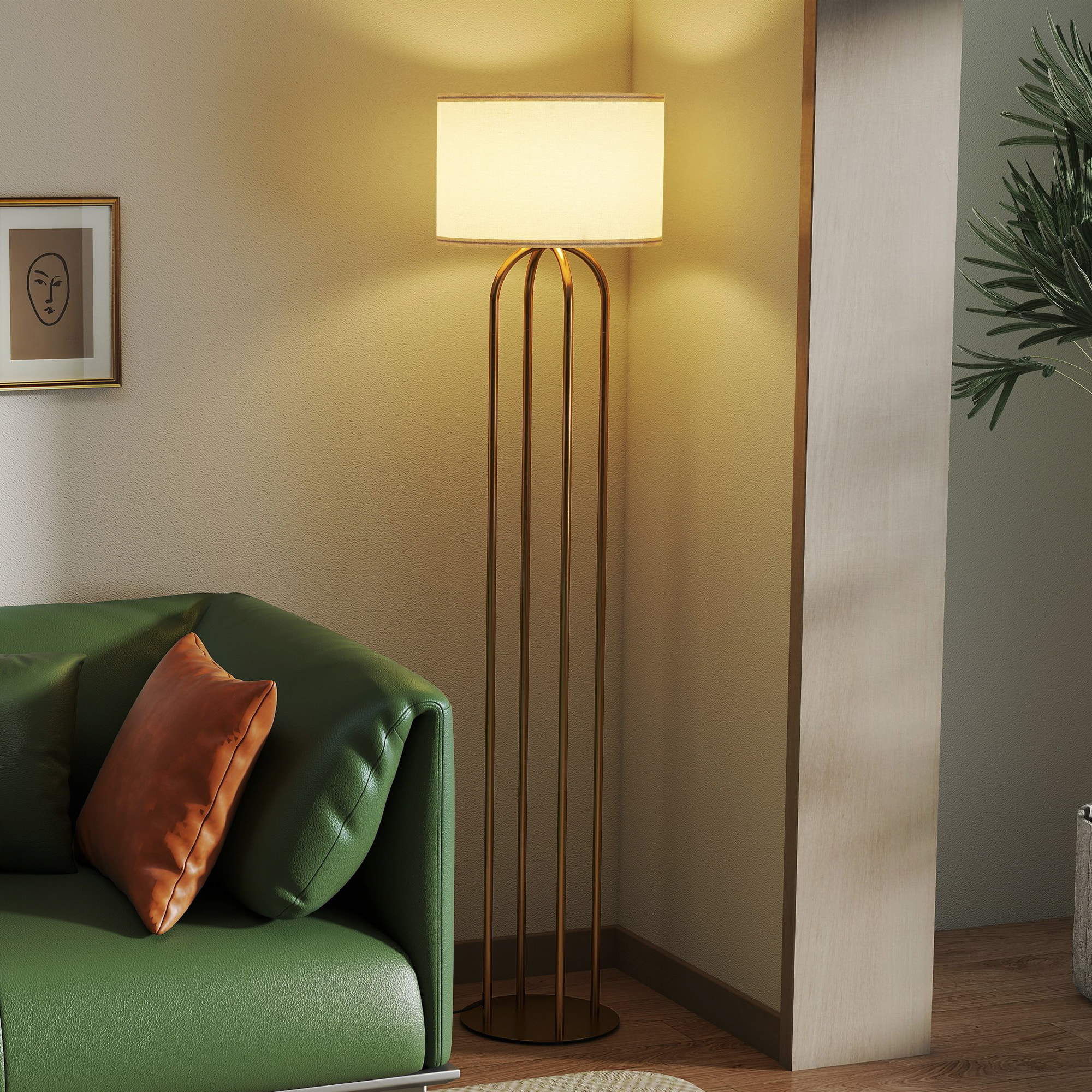 Lampadaire design métal doré 4 pieds base abat-jour circulaire lin beige dia. 38 x H.161 cm