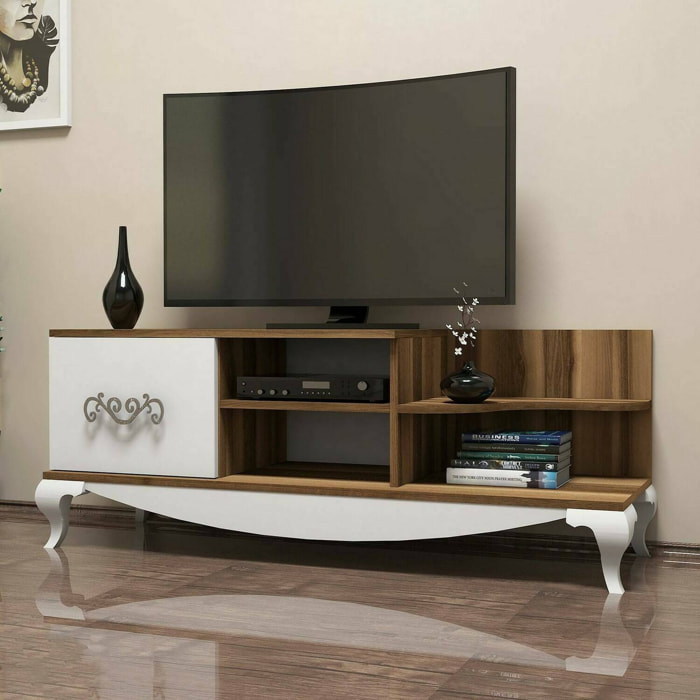 Mobile porta TV Dporrin, Credenza da soggiorno, Armadio basso per TV, Base parete attrezzata, 130x45h51 cm, Noce e Bianco