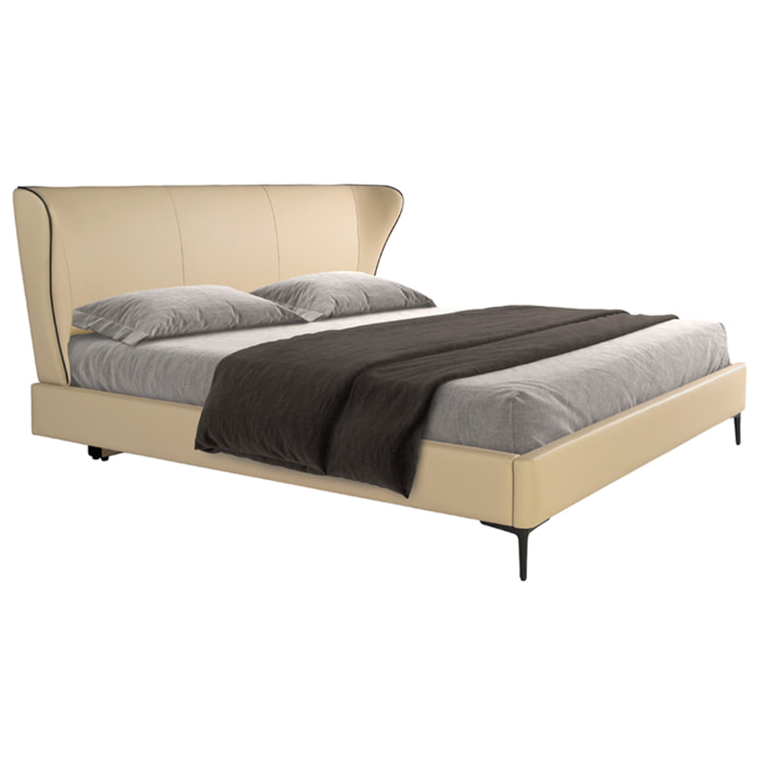 Cama Angel Cerdá de matrimonio con cabecero y estructura en polipiel en crema y patas de acero inoxidable en negro 220x217x110cm