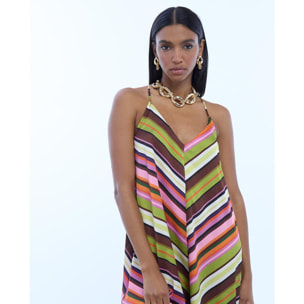 Abito in raso con spalline sottili e stampa multi-righe