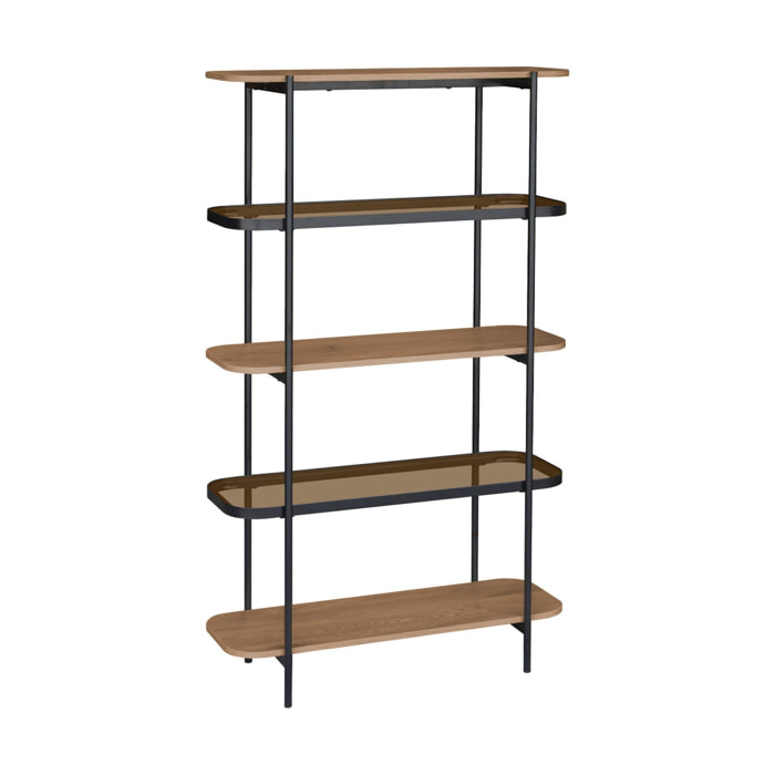Etagère bibliothèque verre, décor bois et métal 5 niveaux SMOOKY