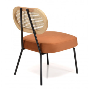 ALBANE - Fauteuil métal noir assise velours orange ambré dossier rotin