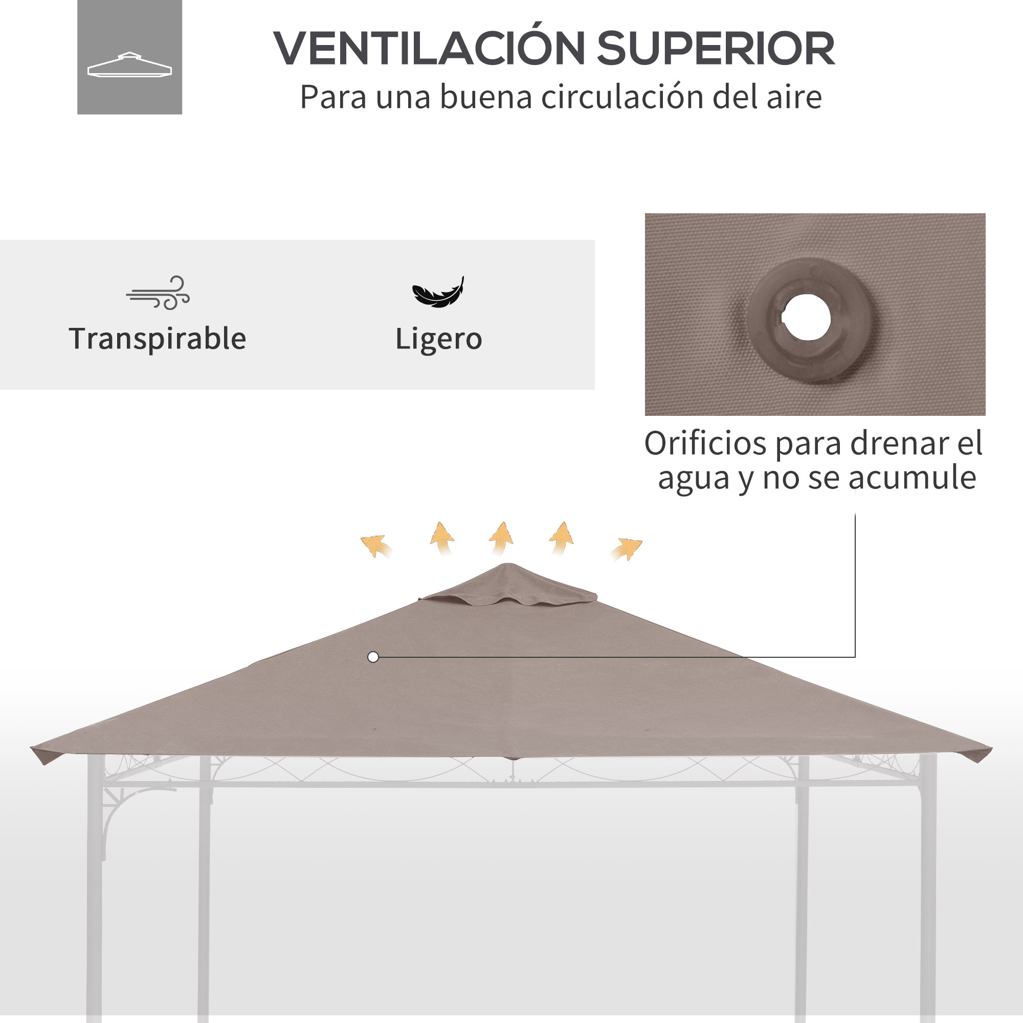 Techo de Repuesto 298x295 cm para Cenador de Jardín Cubierta de Repuesto de Gazebo Pabellón Exterior con 8 Orificios de Drenaje y Ventilación Beige